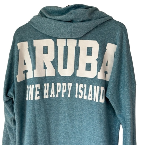 Aruba One Happy Island Teal Blue Long Sleeve Hoodie Top, Large - Picture 4 of 6